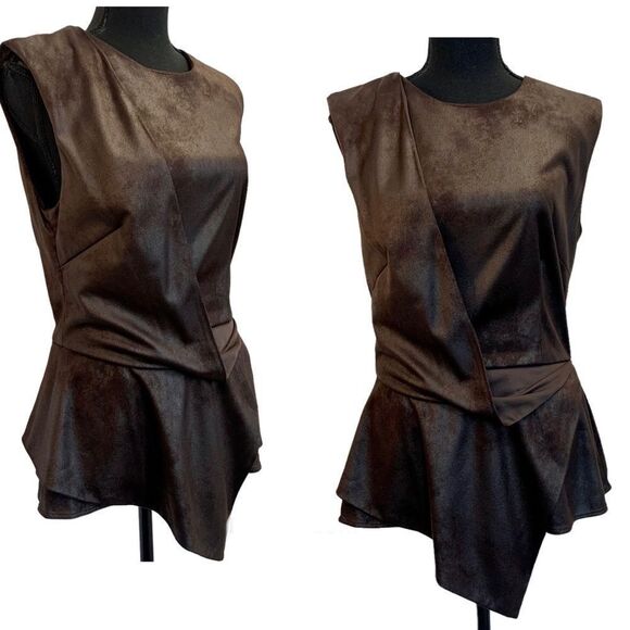 Nha Khanh brown faux suede asymmetrical draped peplum top Sz 10 sleeveless - Picture 16 of 16
